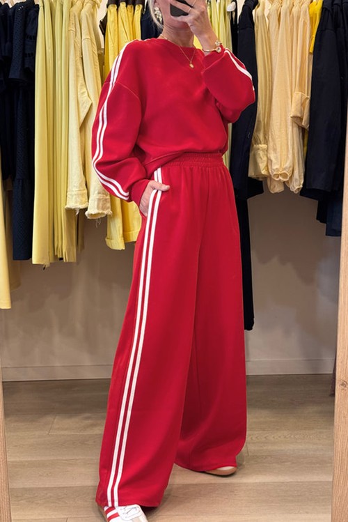 Fiery Red Varsity Striped Detail Crewneck Pullover Elastic Sweatpants 2pcs