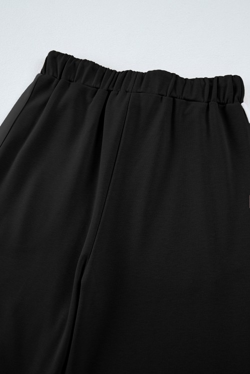 Black Varsity Stripe Patchwork Puff Sleeve Pullover Drawstring Wide Leg