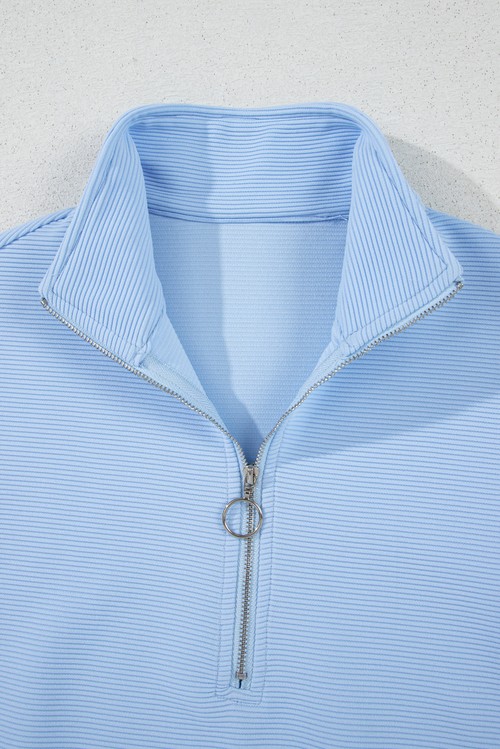 Beau Blue Ribbed Texture Half Zip Ruffled Short Sleeve Top