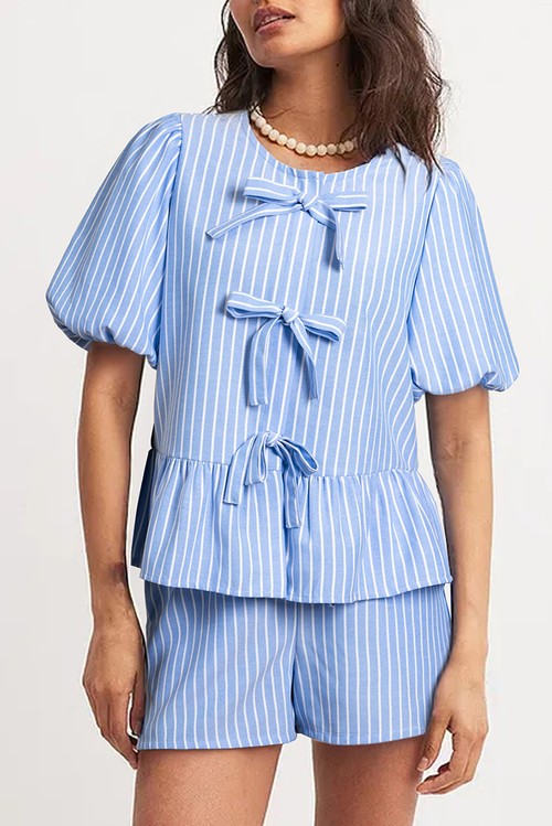 Sky Blue Striped Bowknot Detail Puffy Sleeve Top and Shorts