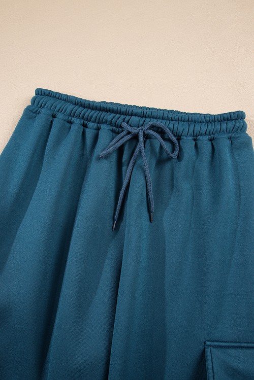 Peacock Blue Cozy Hooded Sweatshirt Drawstring Elastic Waistband Cargo Pant