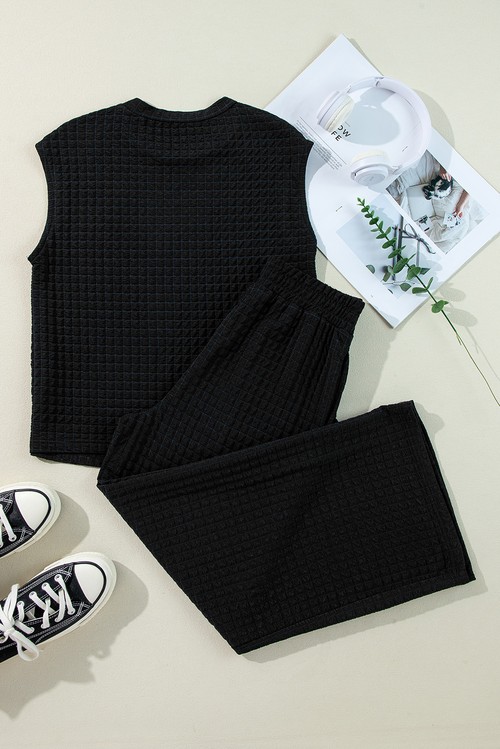 Color black Textured Knit Cap Sleeve T Shirt and Wide