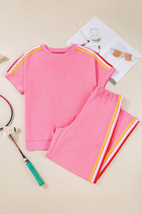 Bonbon Color Contrast Crewneck T Shirt and Wide Leg High