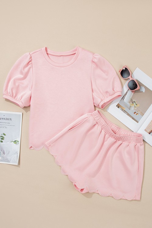 Light Pink Puff Sleeve Pearl Embellished Scallop Trim Top 2