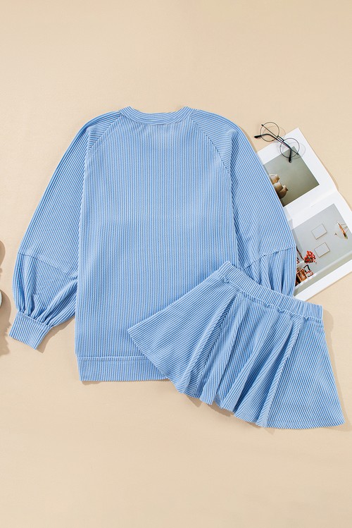 Sky Blue Corded Lantern Sleeve Top High Waist Ruffled Mini