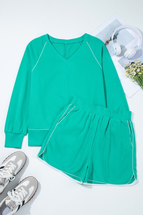 Dark Green Colorblock Trim V Neck Pullover Top and Shorts
