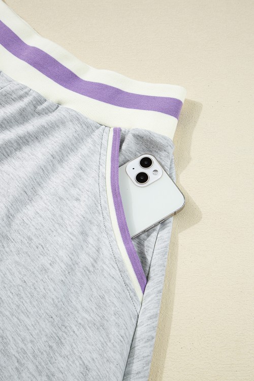Light Grey Contrast Striped Bands Cropped Pullover and Athletic Short