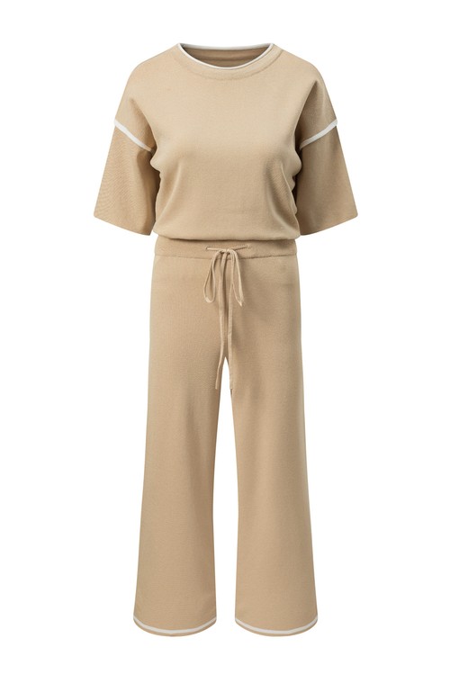 Camel Contrast Trim Half Sleeve Top Drawstring Pants Loose 2pcs