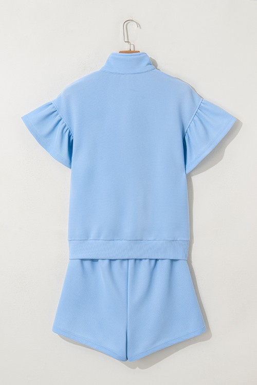 Beau Blue Ribbed Texture Half Zip Ruffled Short Sleeve Top