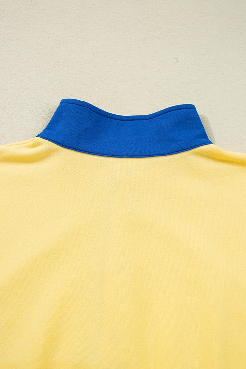 Yellow Color Block Patchwork Half Button Pullover and Shorts 2pcs