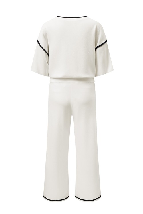 White Contrast Trim Half Sleeve Top Drawstring Pants Loose 2pcs