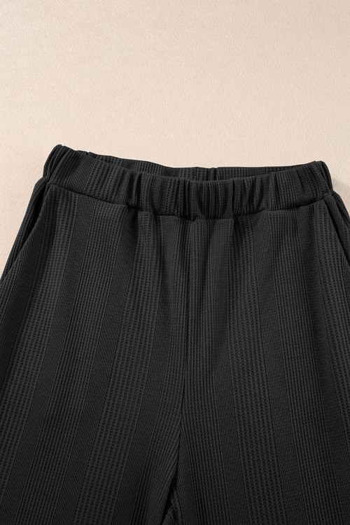 Black Solid Color Ribbed Ruffle Tank Top and Pants Set