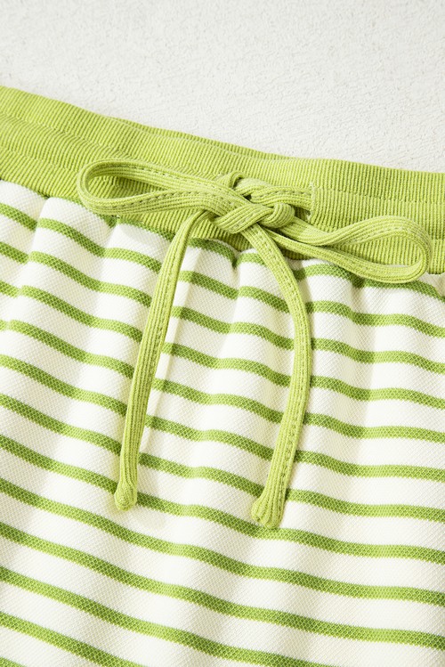 Green Stripe Collared V Neck Drop Shoulder Pullover and Skort