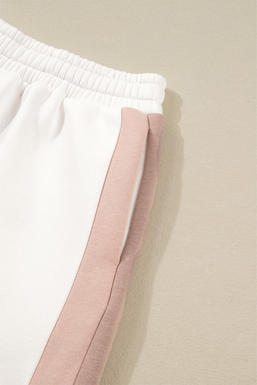 White Color Block Patchwork Drop Shoulder Pullover Casual Shorts 2pcs