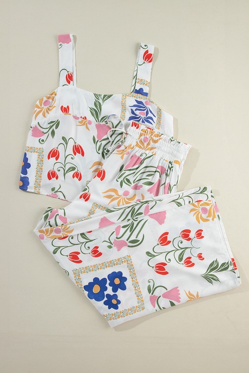 White Colorful Printed Square Neck Tank and Wide Leg Pants