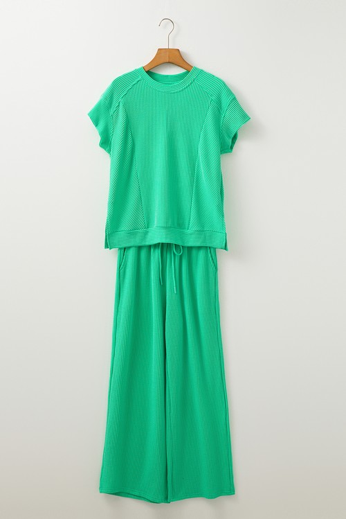Bright Green Solid Corded Knit Short Sleeve T Shirt and