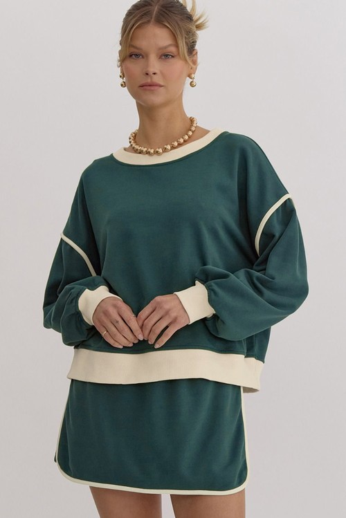 Evergreen Color Contrast Loose Pullover and Lace up Waist Skort