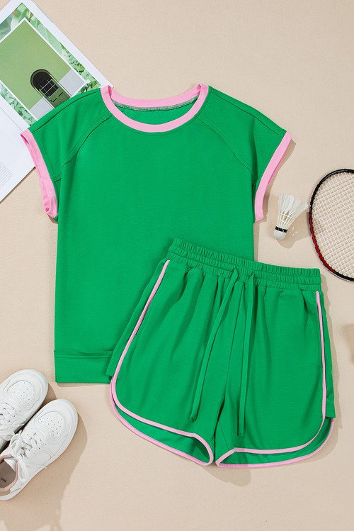 Bright Green Two Tone Contrast Textured Crewneck Tee and Shorts