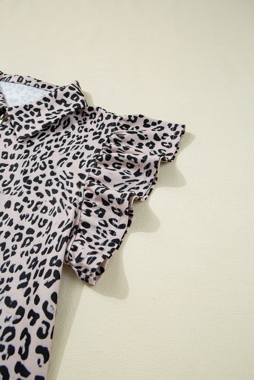 Brown Leopard Half Zipper Collared Ruffled Sleeve Top and Short