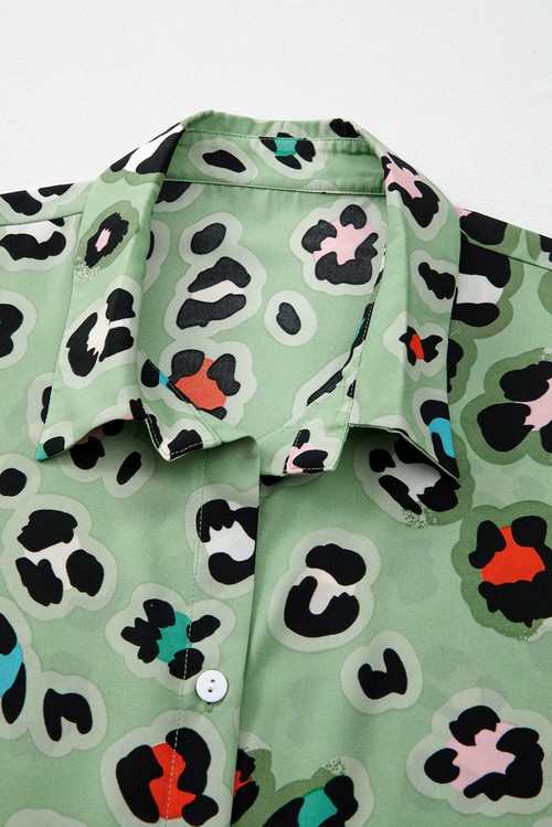 Green Leopard Print Short Sleeve Shirt and Wide Leg Pants