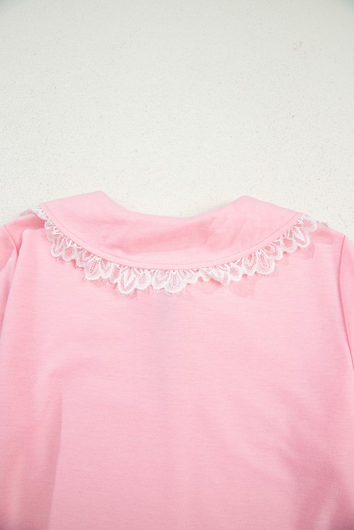 Pink Peter Pan Lace Embellished Neck Collision Sweatshirt and Skirt