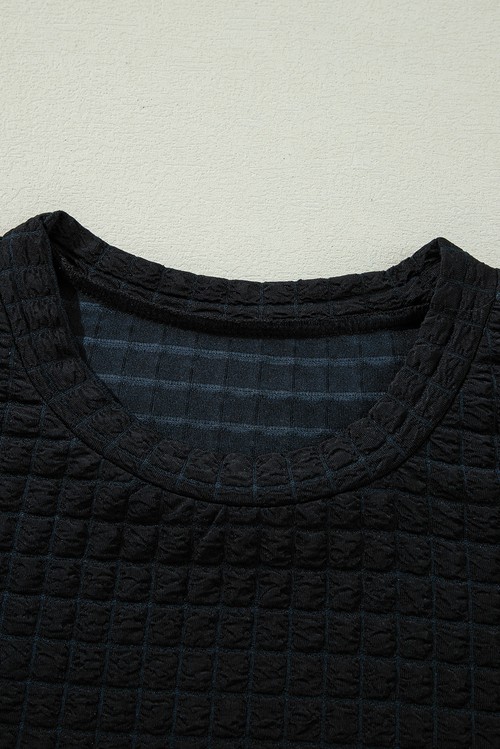 Color black Textured Knit Cap Sleeve T Shirt and Wide