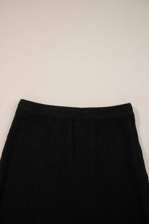 Black Ribbed Zip Stand Neck Drop Shoulder Pullover Bodycon Skirt