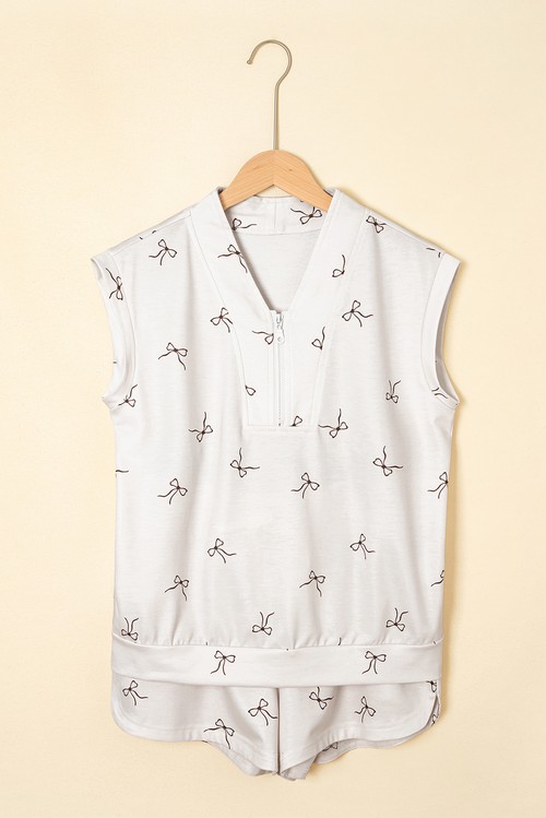Beige Bow Print Half Zip Tank and Shorts 2pcs Set