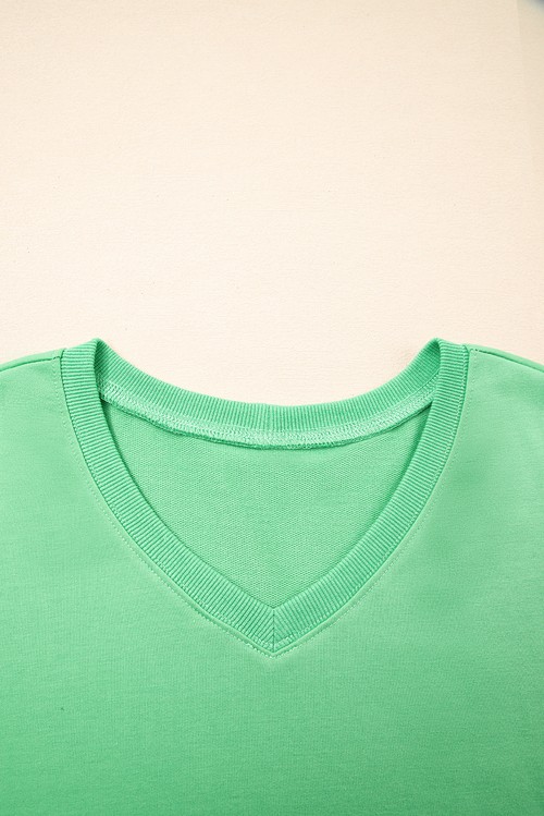 Mint Green V Neck Drop Shoulder Tee and Patchwork Drawstring