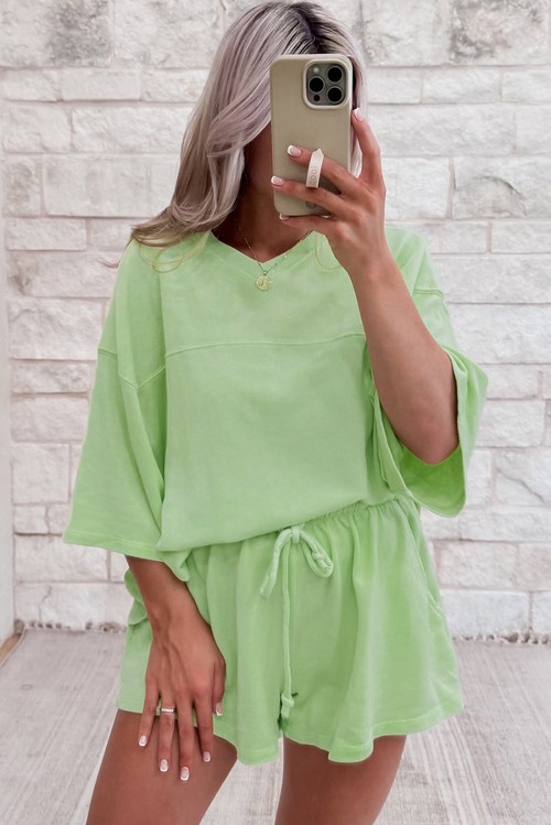Meadow Mist Green Solid Loose V Neck Half Sleeve Tee