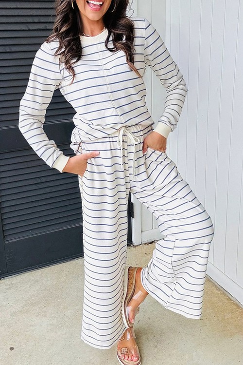 Sail Blue Striped Long Sleeve Top Drawstring Wide Leg Pants