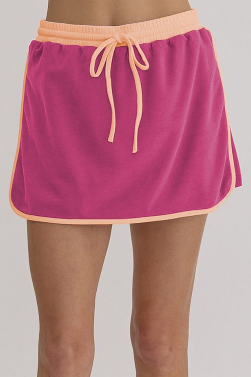 Rose Red Color Contrast Loose Pullover and Lace up Waist