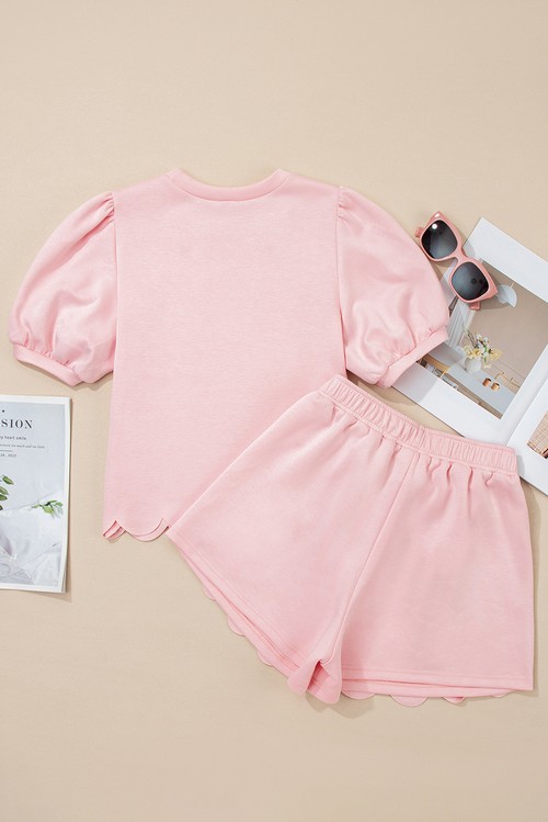 Light Pink Puff Sleeve Pearl Embellished Scallop Trim Top 2
