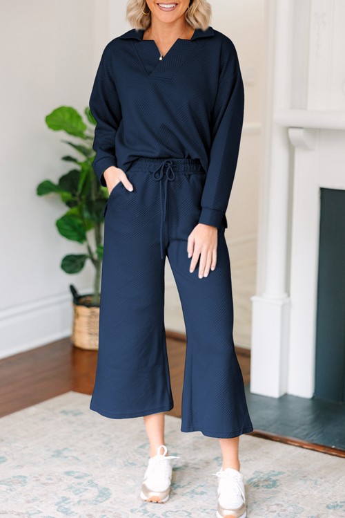 Sail Blue Solid Textured Collared V Neck Top and Wide