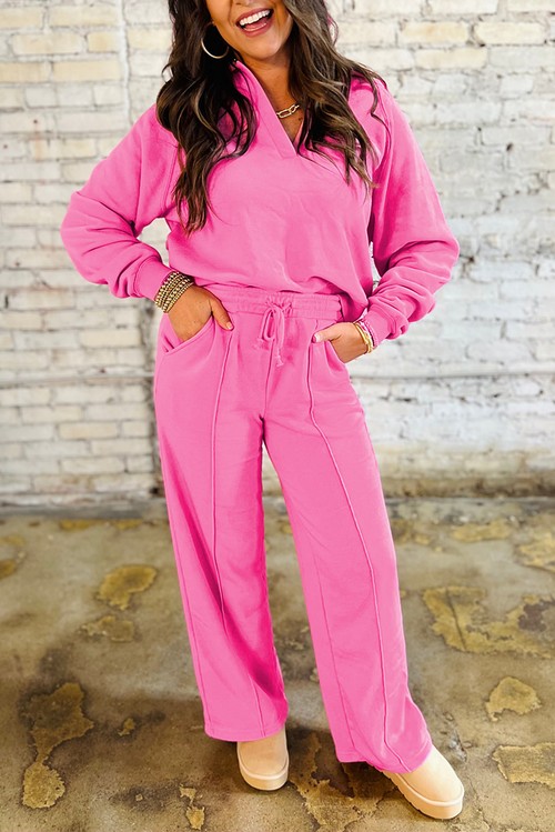 Sachet Pink Solid Color Collared Pullover and Central Seam Pants