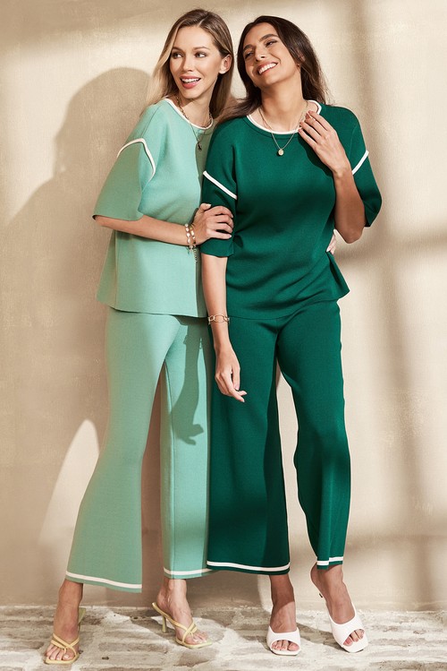 Canton Contrast Trim Half Sleeve Top Drawstring Pants Loose 2pcs