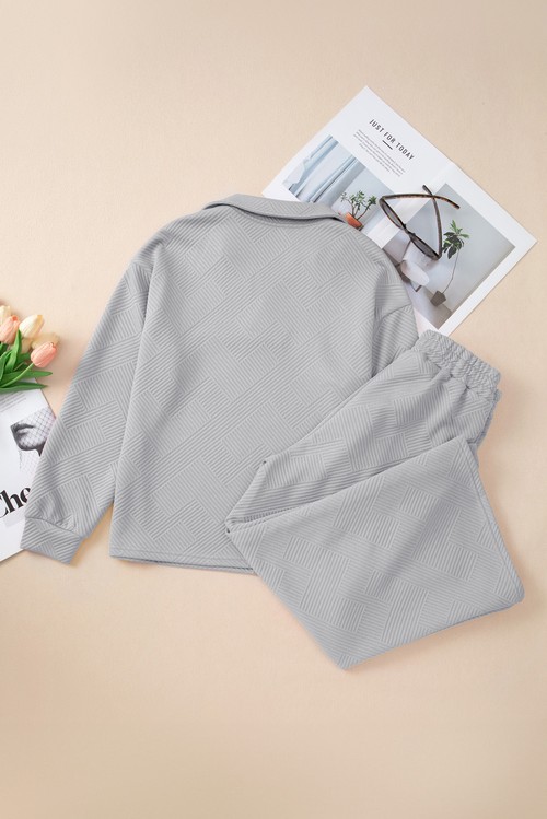 Light Grey Solid Textured Collared V Neck Top and Wide