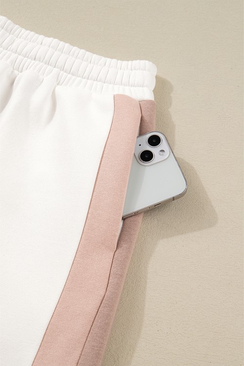 White Color Block Patchwork Drop Shoulder Pullover Casual Shorts 2pcs
