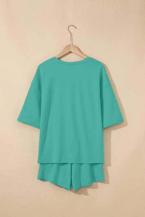Sea Green Solid Loose V Neck Half Sleeve Tee and