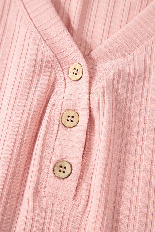 Gossamer Pink Ribbed Button V Neck Tank Top and Shorts