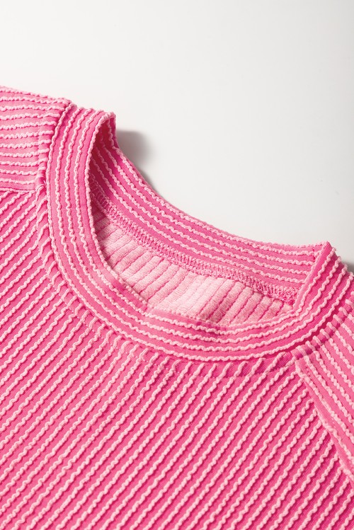 Bright Pink Solid Corded Knit Short Sleeve T Shirt and