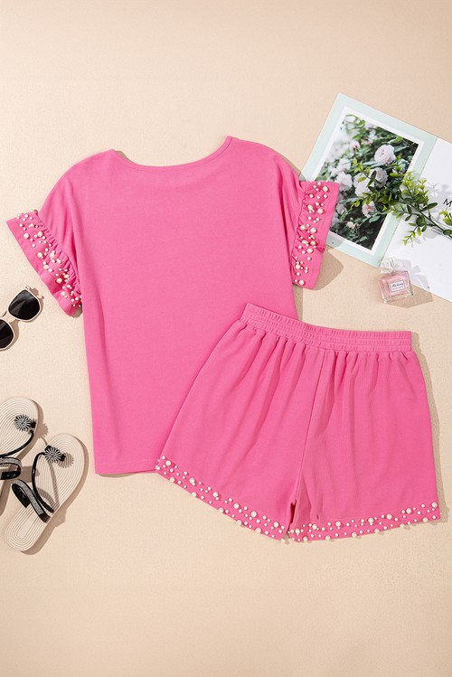 Bright Pink Textured Pearled Ruffle Sleeve Top 2 Piece Shorts