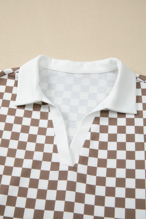 Khaki Checkered Print Polo Collar Cropped Long Sleeve Top Drawstring
