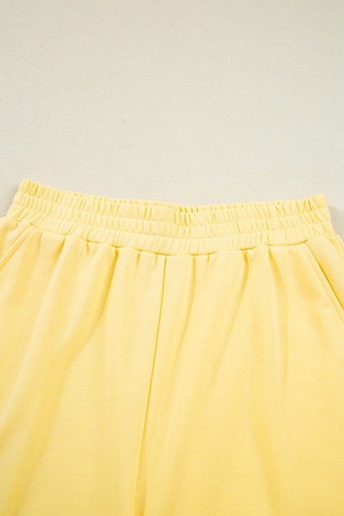 Yellow Color Block Patchwork Half Button Pullover and Shorts 2pcs