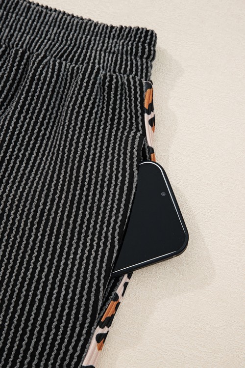 Carbon Grey Twisted Rib Texture Leopard Patchwork Detail 2pcs Pant