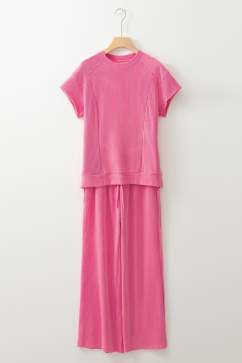 Bright Pink Solid Corded Knit Short Sleeve T Shirt and
