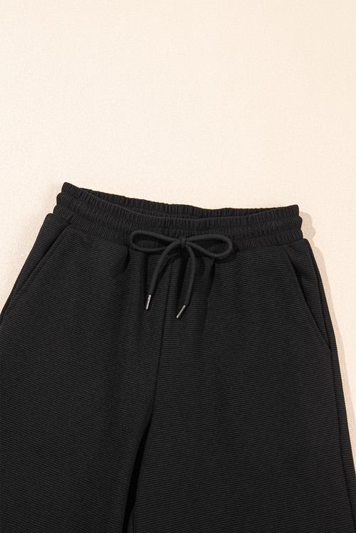 Black Textured Ruffled Sleeve Zipped Top and Wide Leg Pants