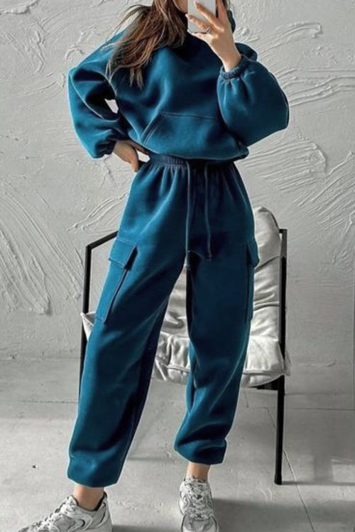 Peacock Blue Cozy Hooded Sweatshirt Drawstring Elastic Waistband Cargo Pant