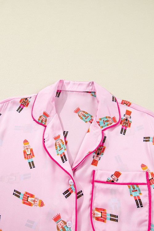 Pink Nutcracker Print Contrast Trim Tied up Bow Silky 2pcs