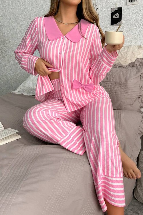Pink Stripe Buttoned Front Long Sleeve Top and Pants 2